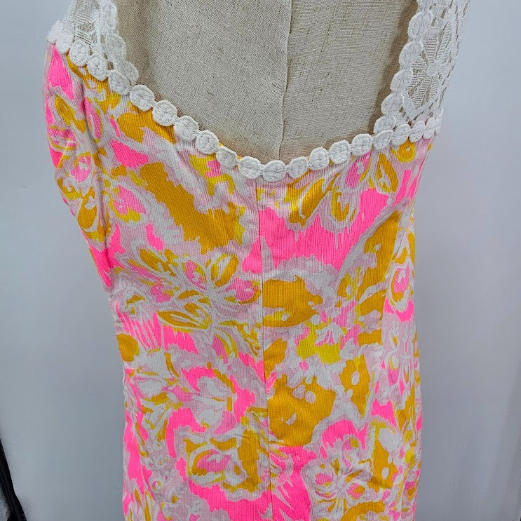 Lilly Pulitzer Sz 8 Pink White Lace Lined Back Zip Sleeveless Retro Dress