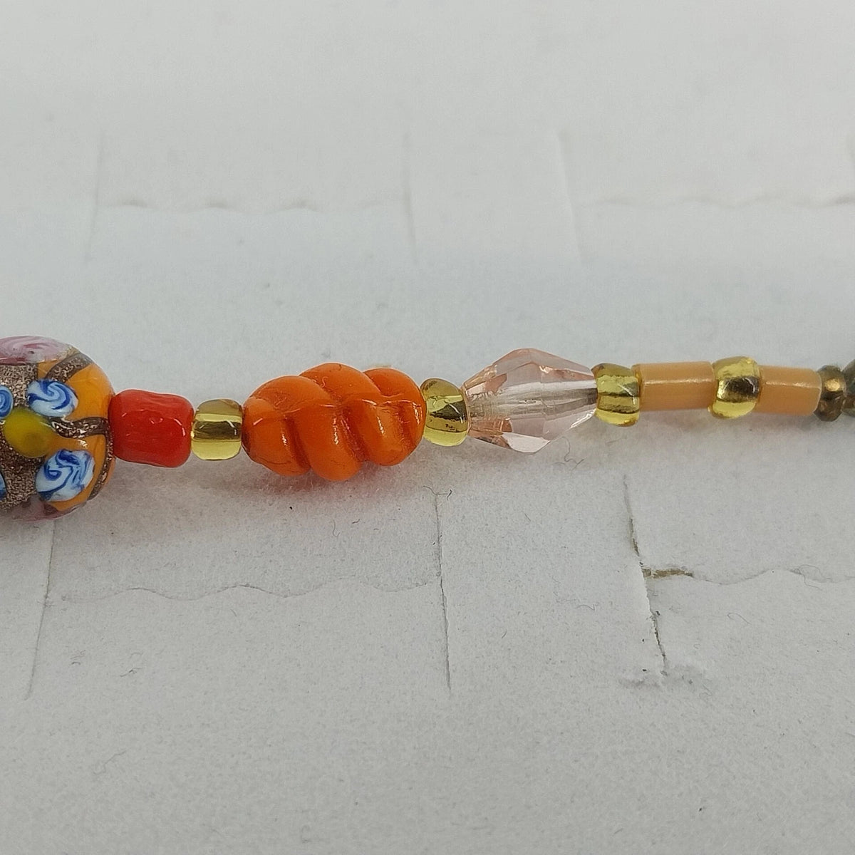 Orange Glass Bead Millefiori Crystal Accent Bracelet 8" Handmade Unbranded
