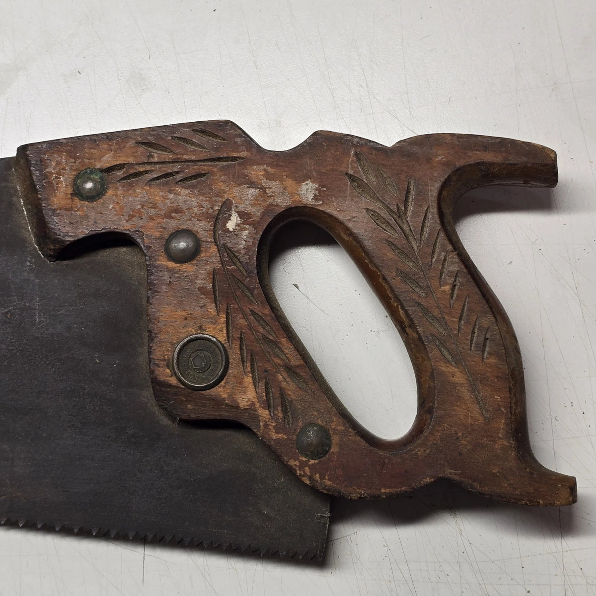 Warranted Superior 26" Crosscut Hand Saw Wheat Carved Wood Handle Vintage