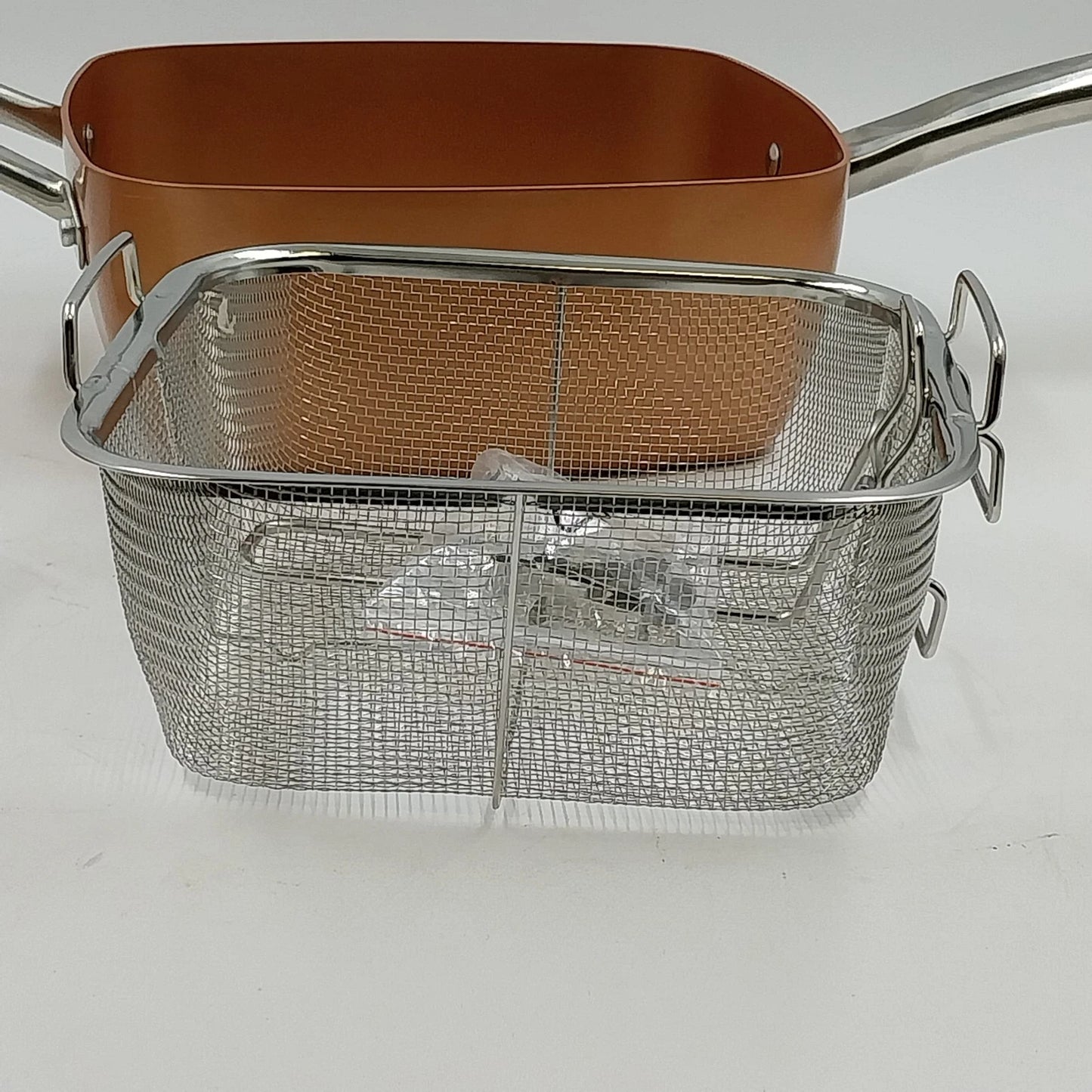 Copper Chef Deep Square Pan 9.5" Vent Lid 2 Handles and Frying Basket NOS