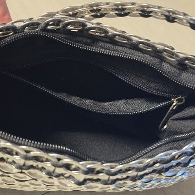 Unique Clutch Purse Shoulder Bag Pop-Top Aluminum Can Tabs Silver Zipper Bag 8"