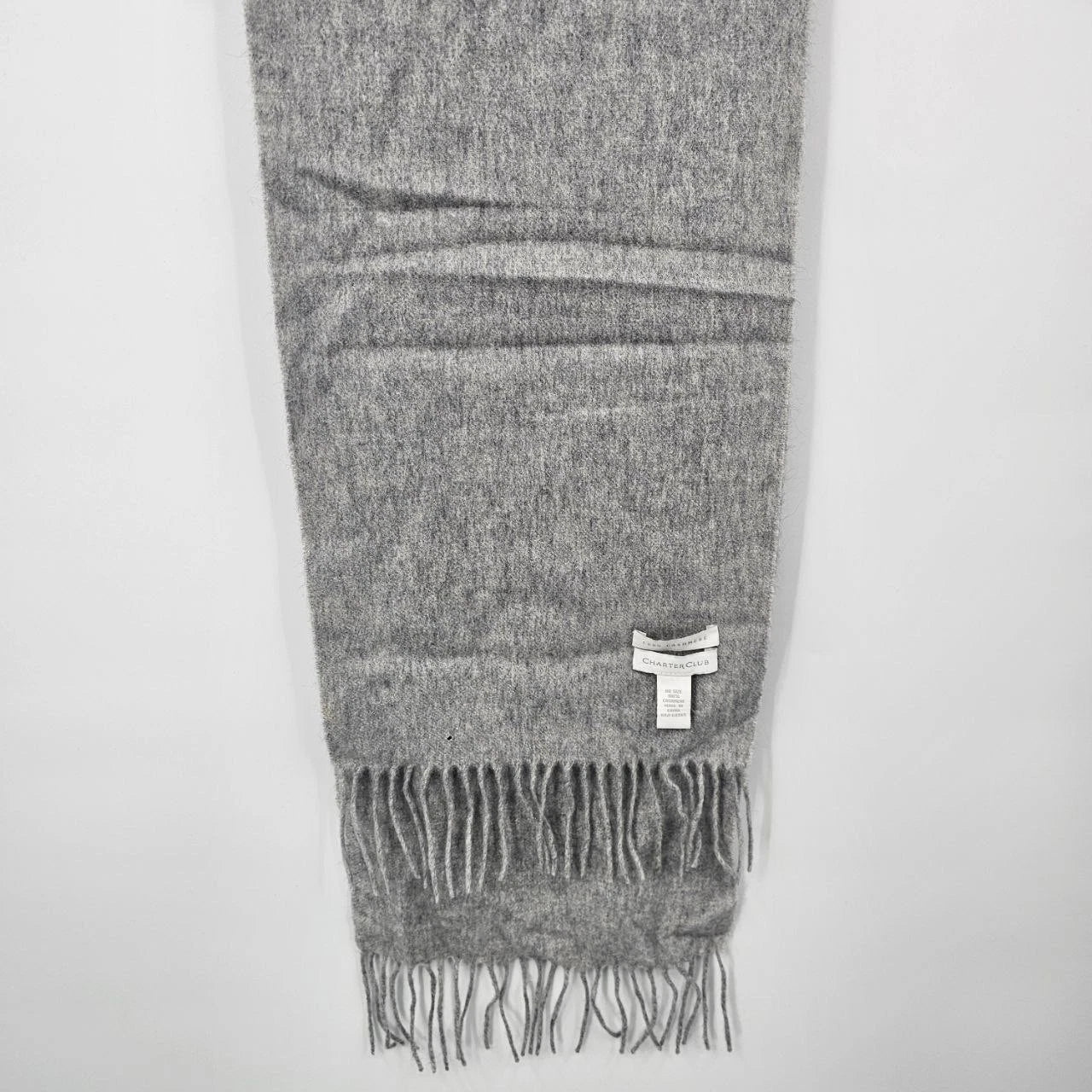 Charter Club 100% Cashmere Scarf Light Grey Heather Fringed Winter Luxury 10x62"