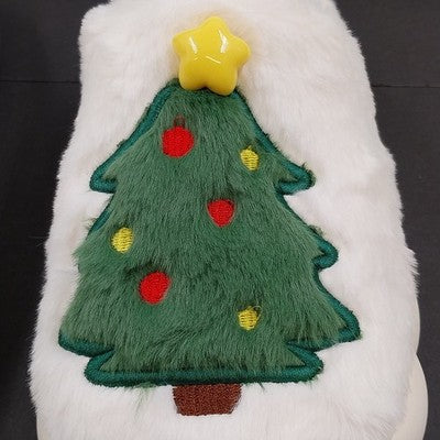 Christmas Tree Flat Thermal Plush Slippers White Faux Fur Green Insole Size 9-10