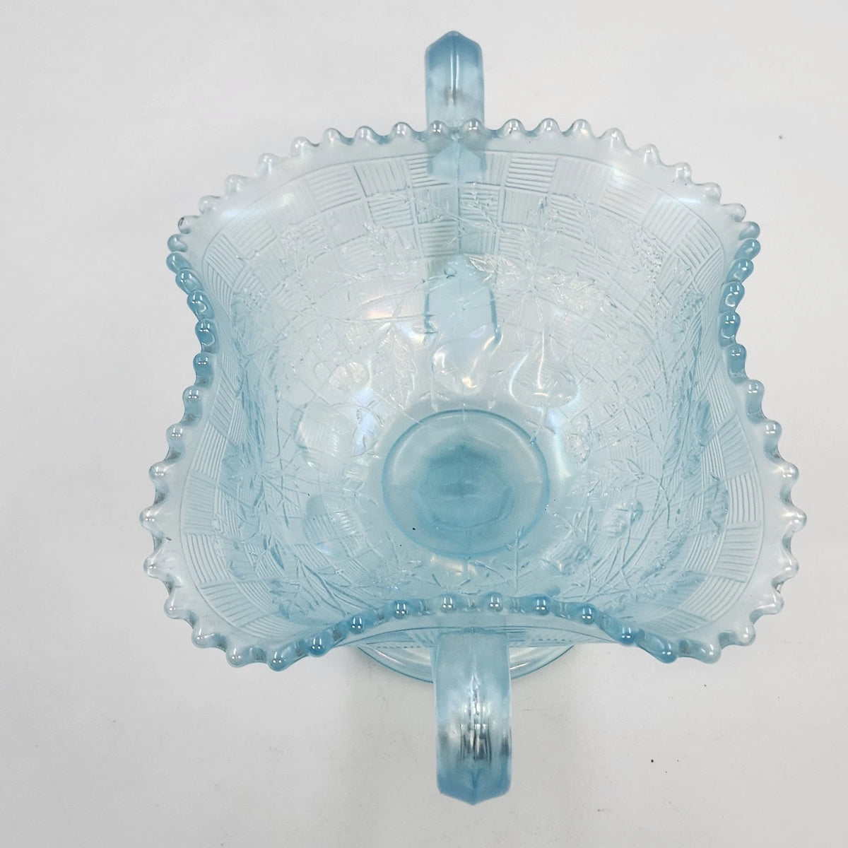 Jeannette Louisa Ice Blue Glass Pedestal Compote Double Handle Ruffled Rim 5.25"