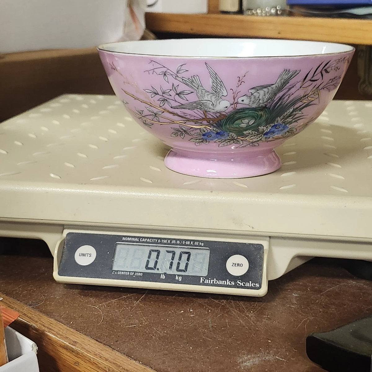 Pink Porcelain Footed Bowl Birds Nest Blue Flowers Gold Trim 6.25" Kitchen