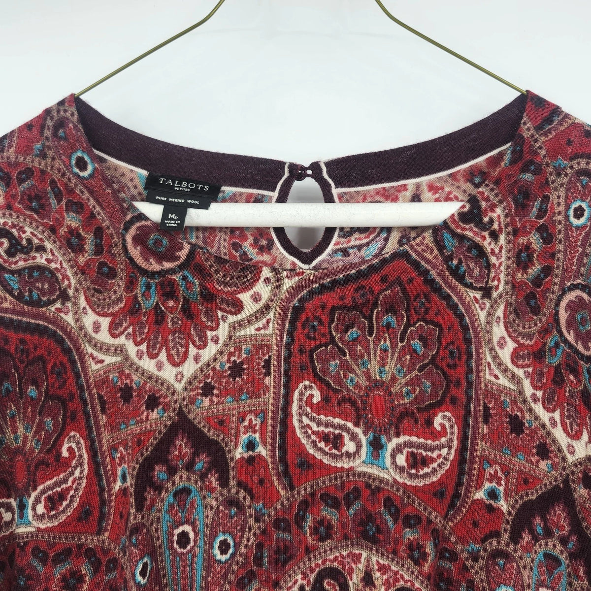 Talbots Petites Women's MP Opulent Paisley 100% Merino Wool Sweater Red Burgundy