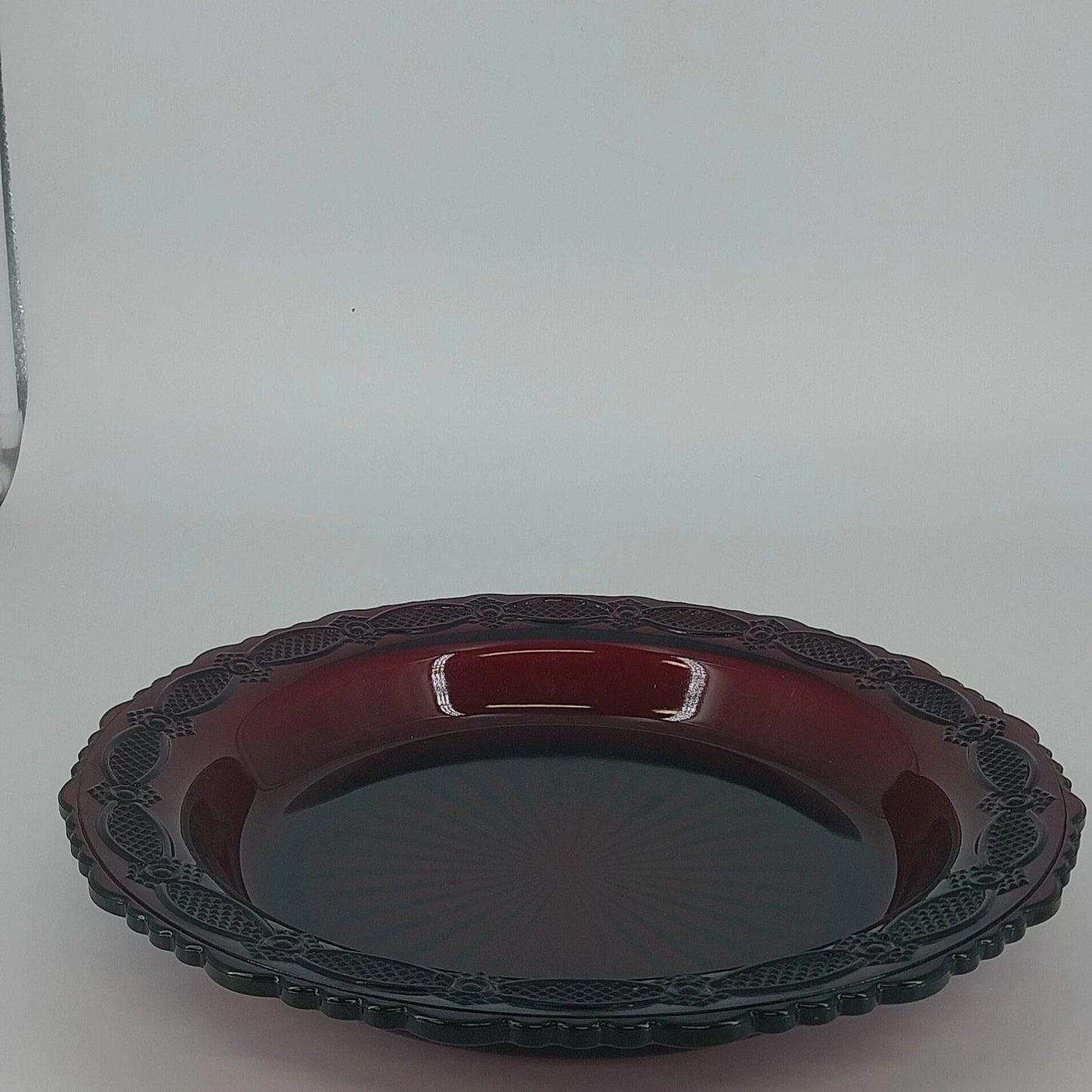 Avon Cape Cod Ruby Red Glass Pie Plate Scalloped Serving Dish 10.75" Rosette Vtg