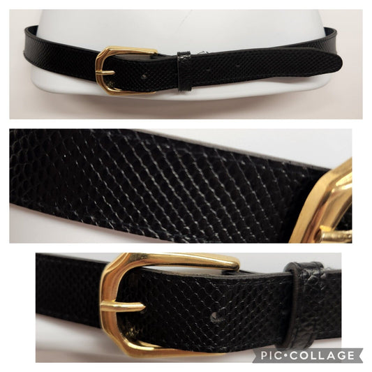 Woman's Black Belt With Snakeskin Pattern And Gold Plated Buckle 35"