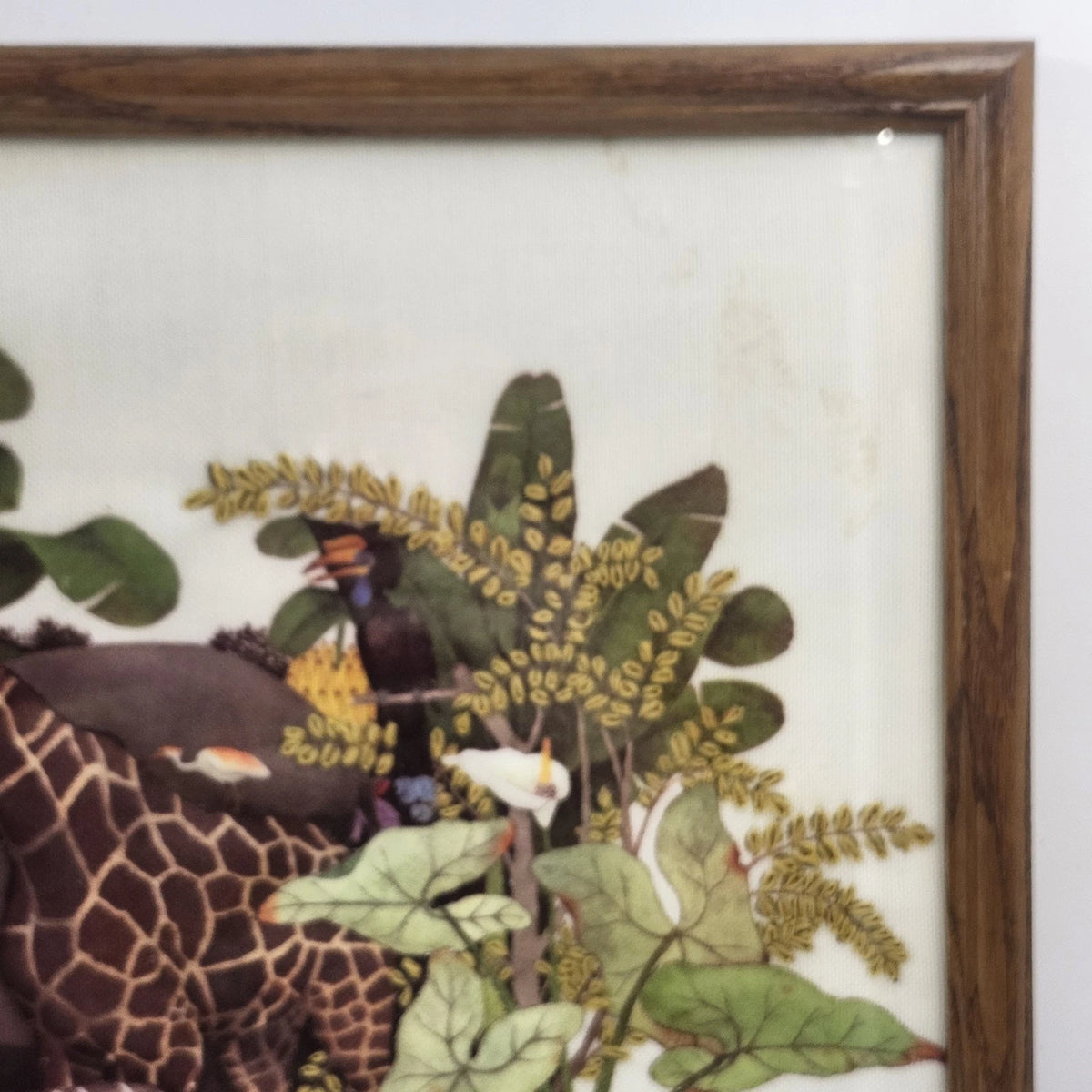 African Safari Animal Needlework Framed Under Glass Elephant Giraffe 18x18"