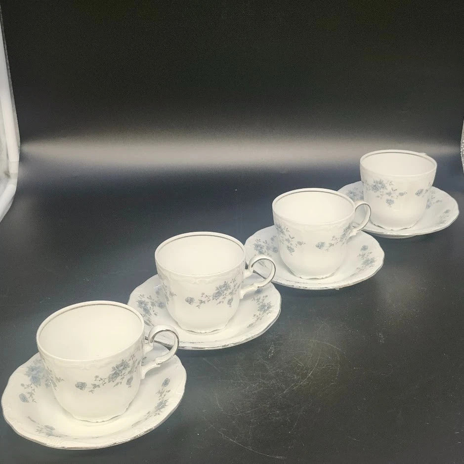 Johann Haviland 4 Cups & Saucers Set Bavaria Germany Blue Garland Floral Vintage