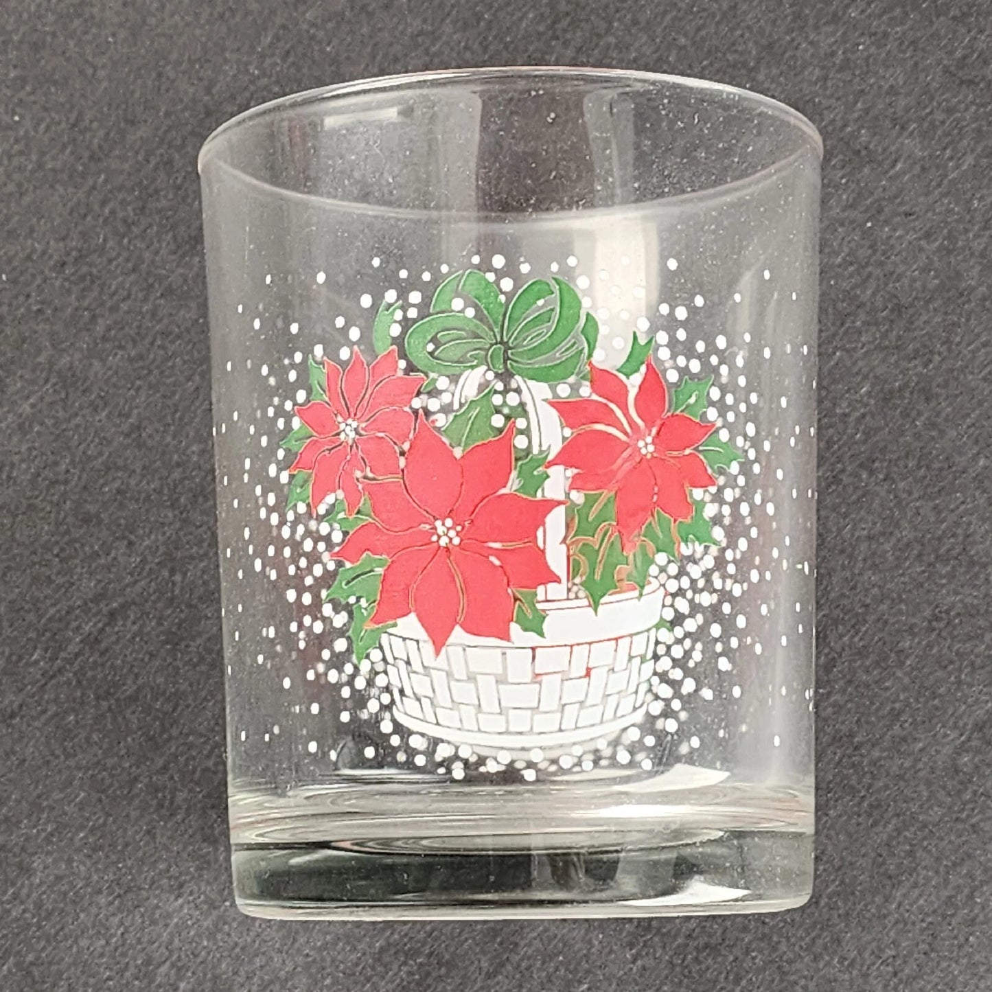 6 Luminarc Poinsettia Basket Christmas Rocks Clear Glasses 12 oz Heavy Base Vtg