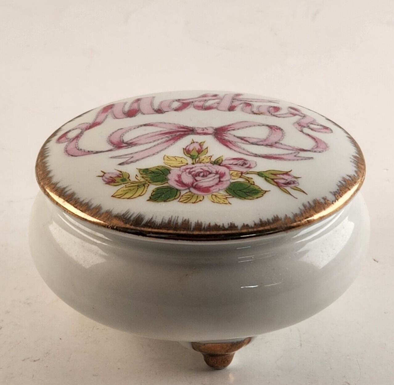 Mother Hand Painted Powdered Ceramic Jar Dish w Lid and Gold Trim Vintage Japan