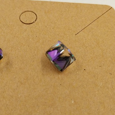 2 Pair Stud Earrings Gold Yellow & Silver Clear Purple Cube Stones