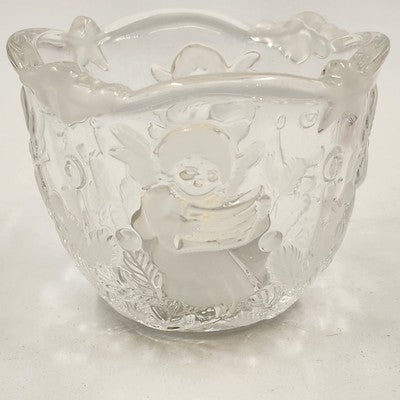Mikasa Christmas Holiday Lights Candle Holder w Angels Crystal Frosted Glass 3"