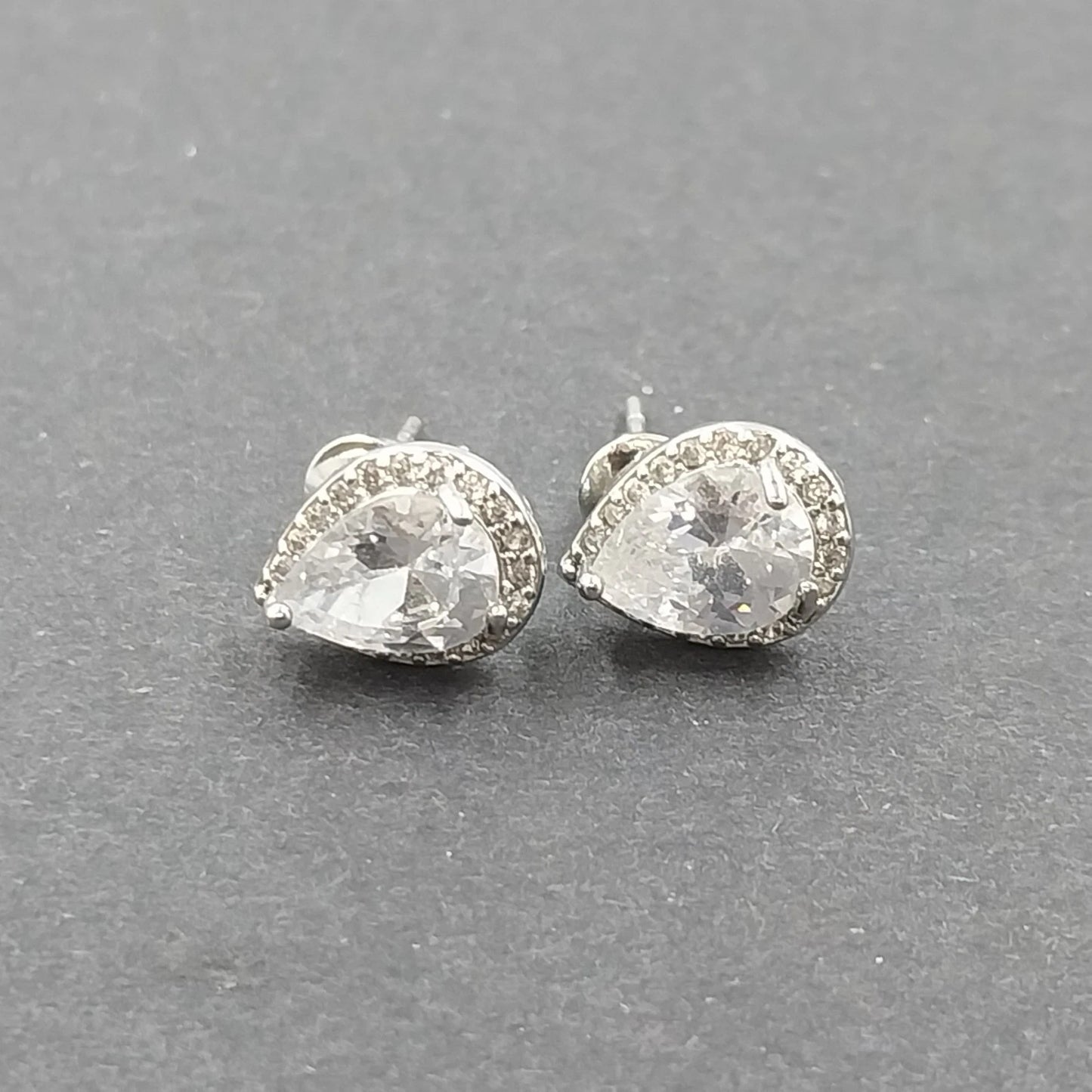 Silver Tone Faceted Teardrop Cut Halo Stud Earrings Clear Rhinestone Post Back