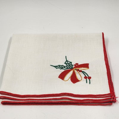 Set of 6 White Christmas Napkins 16" Red Hem Embroidered Holiday Designs