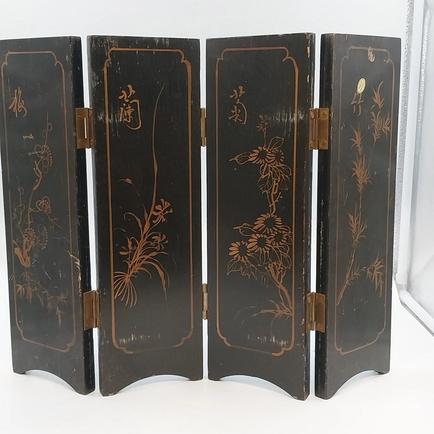 Macau Black Lacquer Soapstone 4-Panel Asian Tabletop Folding Screen 18" x 14"