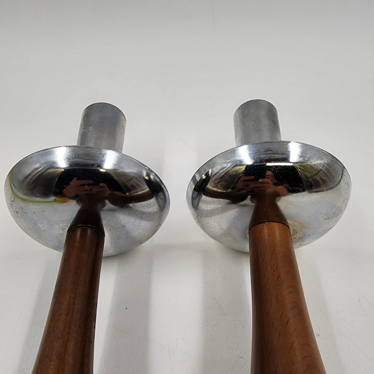 2 MCM Candle Holder Sticks Teak Wood Chrome Uppers 8.5" Danish Modern Vtg AS IS