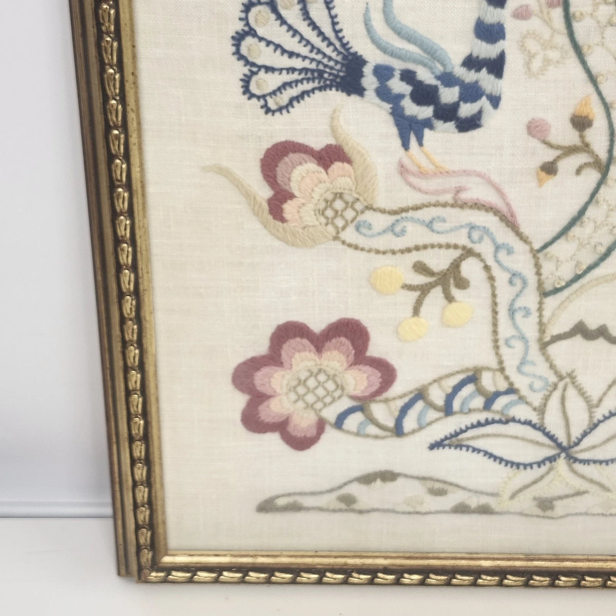 Framed Crewel Embroidery Tree of Life Peacock Floral Folk Art Signed KDC Vintage