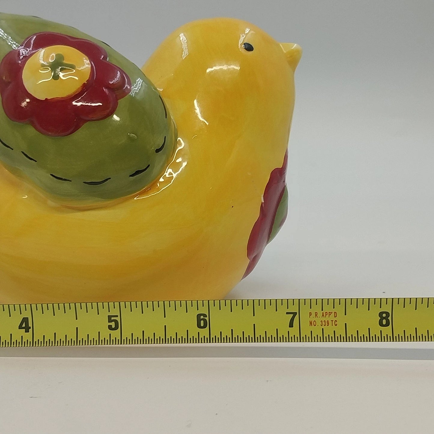 Whimsical Yellow Ceramic Bird Figurine Floral Folk Art Home Decor 7" Farmhouse