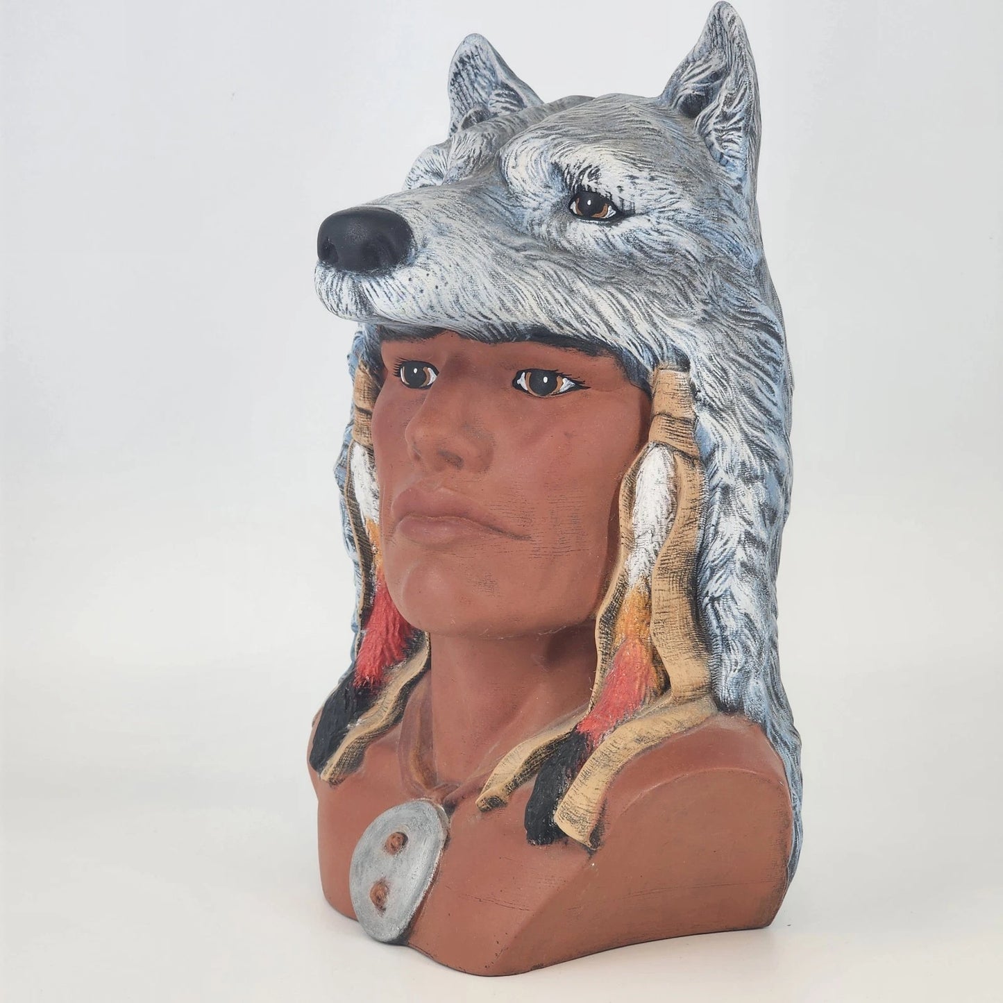Native American Style Ceramic Bust Wolf Headdress Statue 11.5" Large Crystalline
