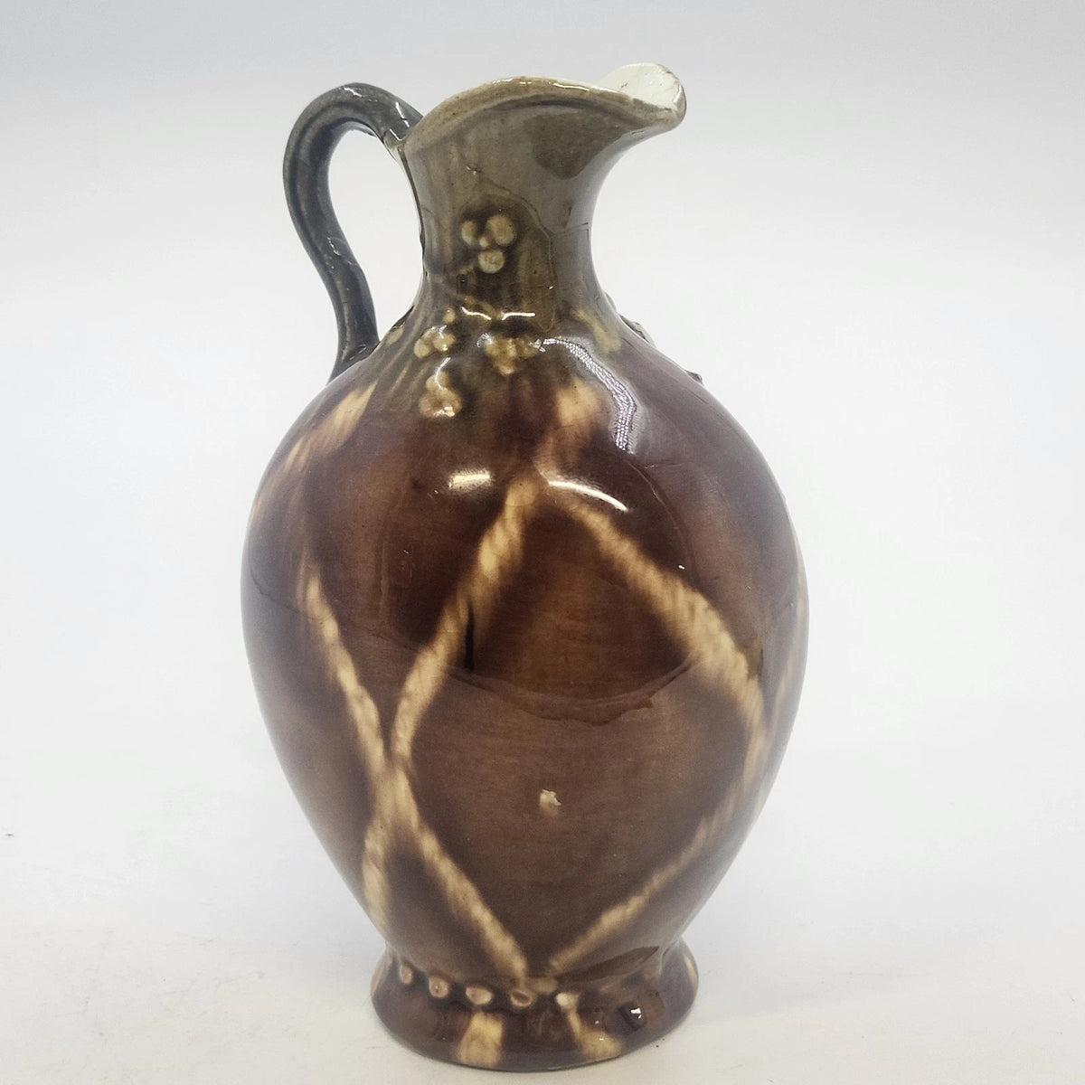 Pottery Pitcher 5" Brown Drip Glaze Hand Applied Floral Art Signed G. Wyand Vtg