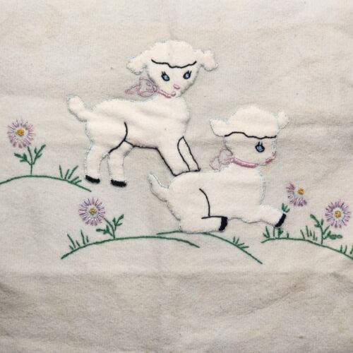 Baby Blanket Appliqued Embroidered Lamb & Flowers Blue Satin Edging 38" x 28"