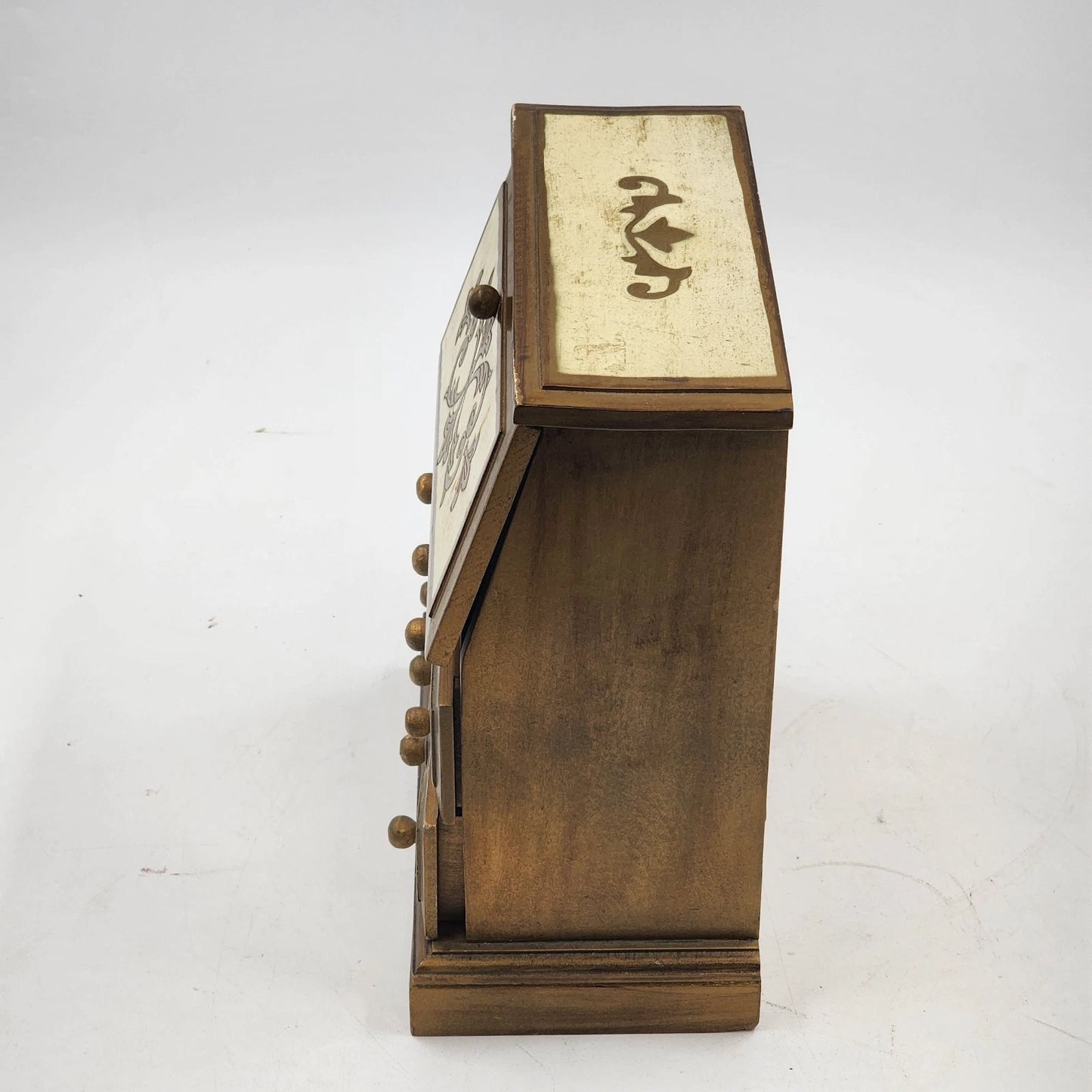 Musical Jewelry Box Wood Wind Up Hinge Top Desk 2 Shelves & 2 Drawers Gold Works