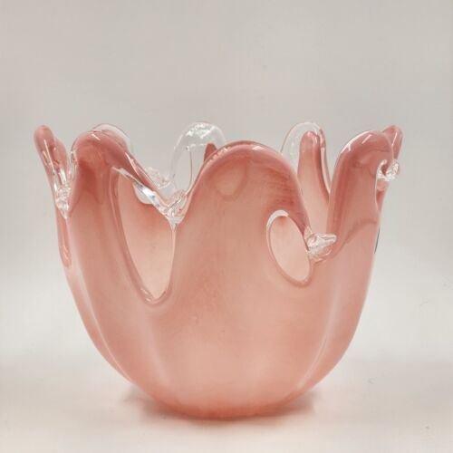 Murano Glass White Crystal Pink Bowl Handmade Italy Italian Glass Mouth Blown