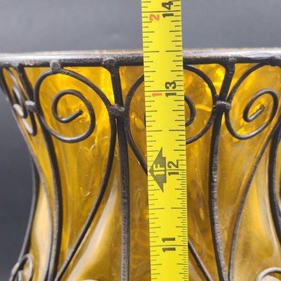 Vintage Amber Glass Caged Centerpiece – 13.5" Hand-Blown Vase or Candle Holder with Metal Footed Base – Rustic Farmhouse Décor