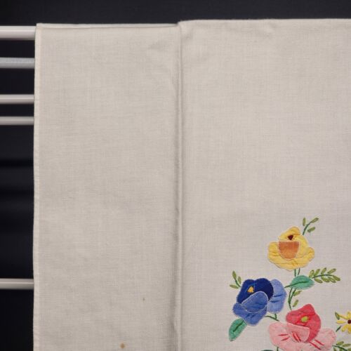 Lot of 3 Linen Tea Towels Embroidered And Appliqued Pink Blue Green Vintage