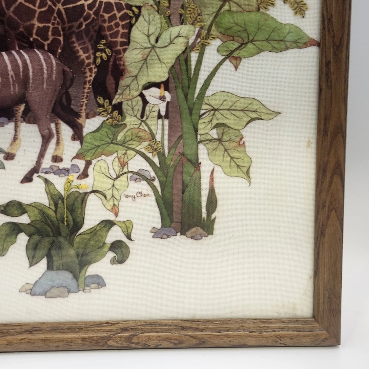 African Safari Animal Needlework Framed Under Glass Elephant Giraffe 18x18"