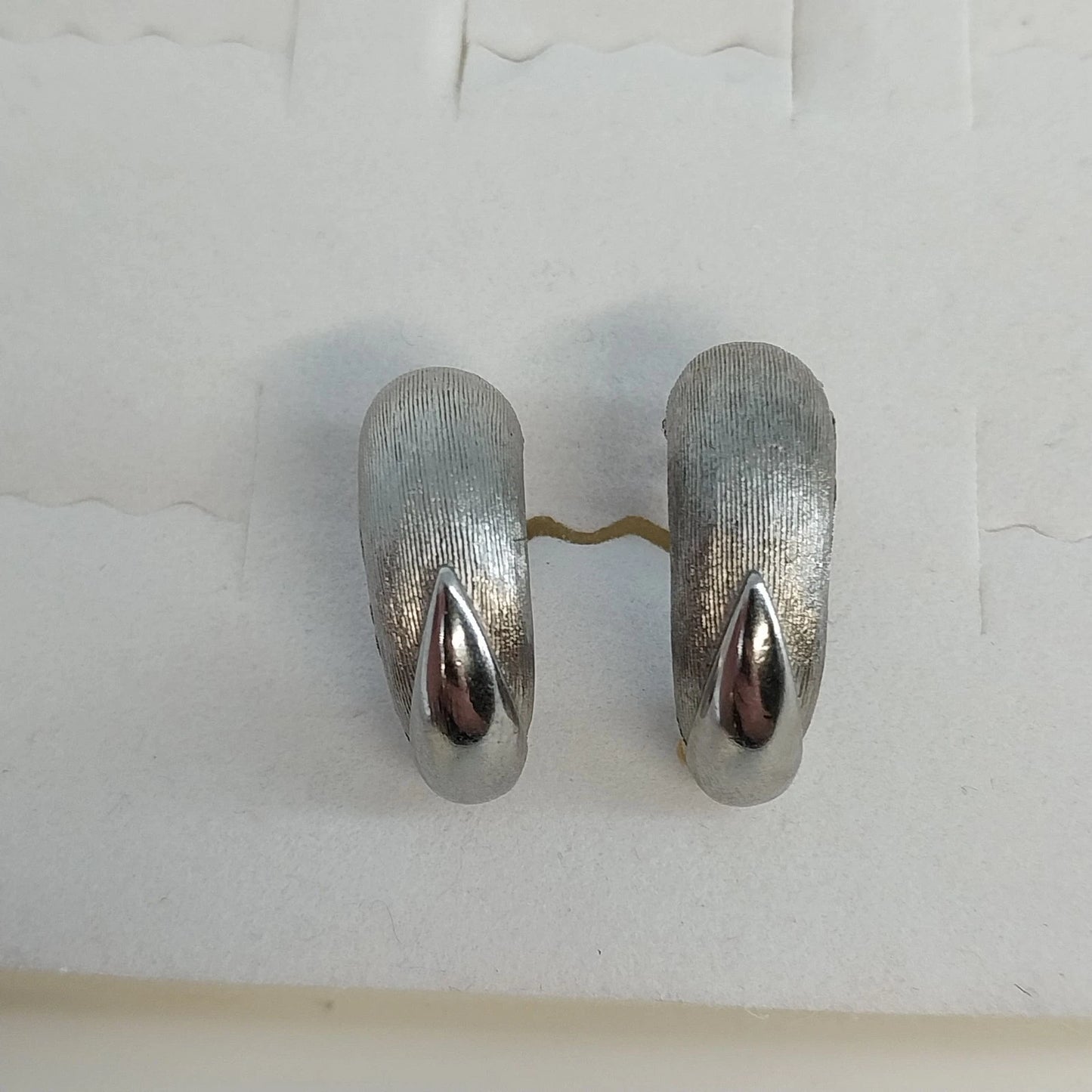 Silver Tone Half Hoop Clip On Earrings Textured Brushed Teardrop Vintage