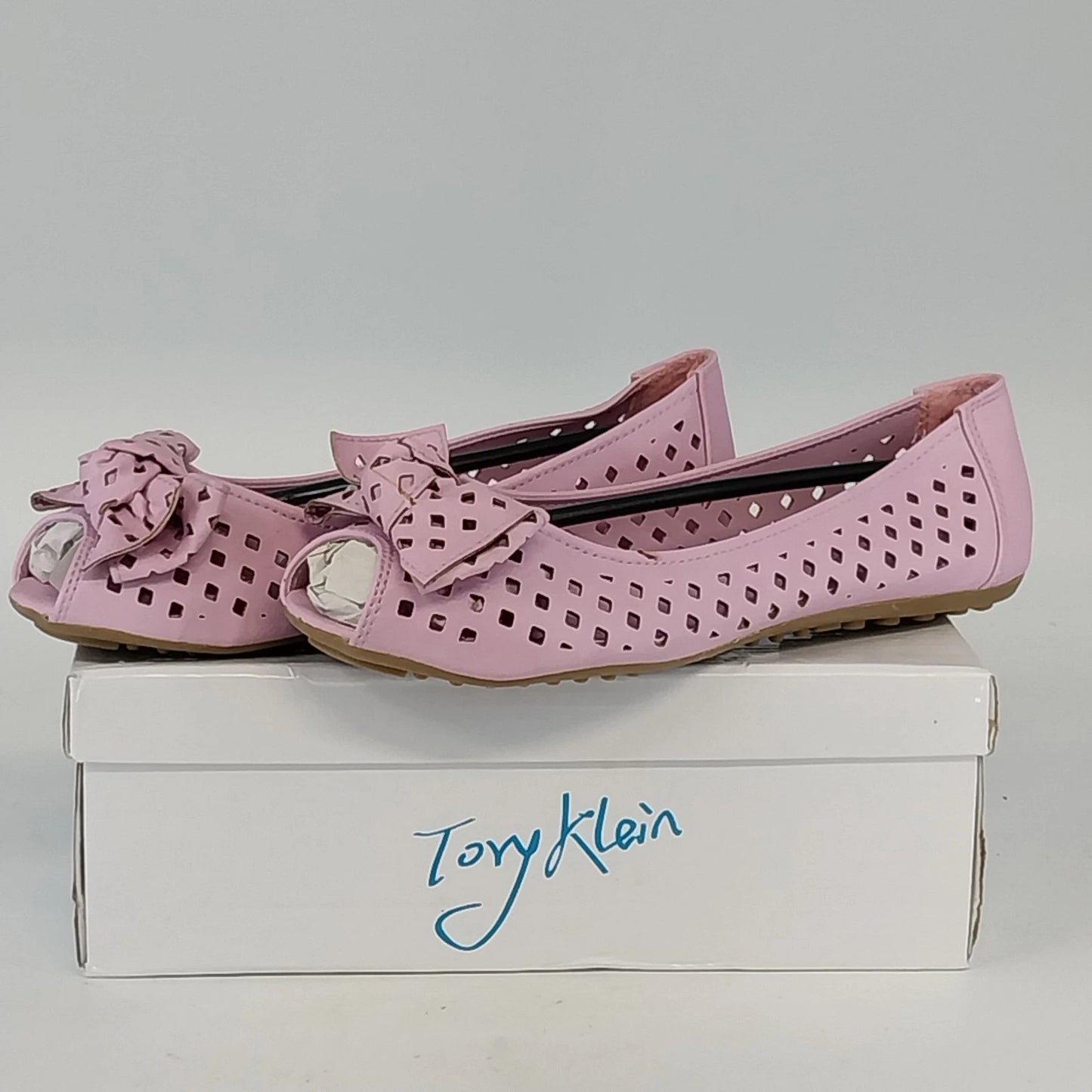 Tory Klein Flats Sandals Pink Peep Toe Bow Laser Cut Women's 8 China