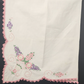 White And Pink Hand Embroidered Linen Tablerunner Vintage With Lace Trim