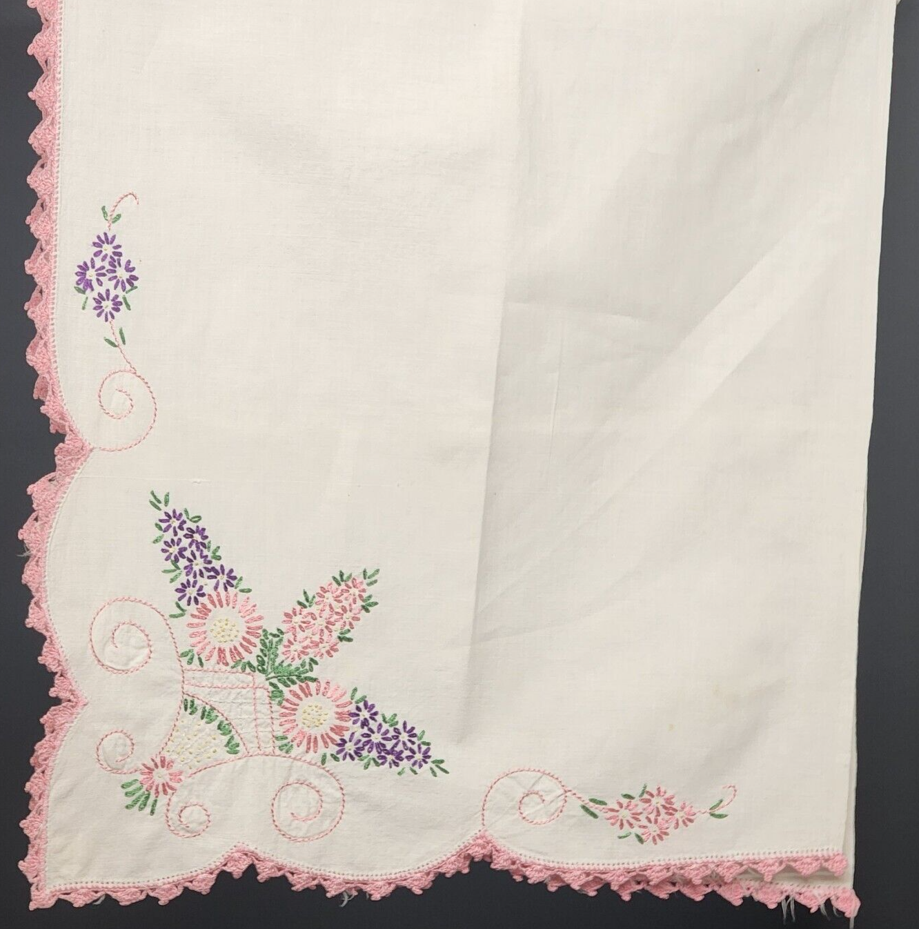 White And Pink Hand Embroidered Linen Tablerunner Vintage With Lace Trim