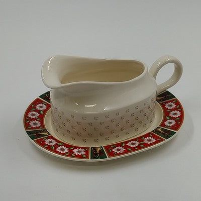Charlton Hall Christmas Gravy Boat & Saucer Classic Traditions Ceramic Crazed