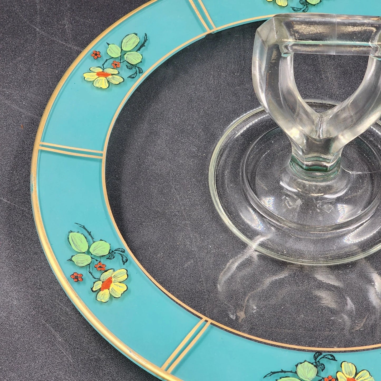 Reverse Painted Glass Tidbit Tray French cottage tableware Blue 11" MCM Server