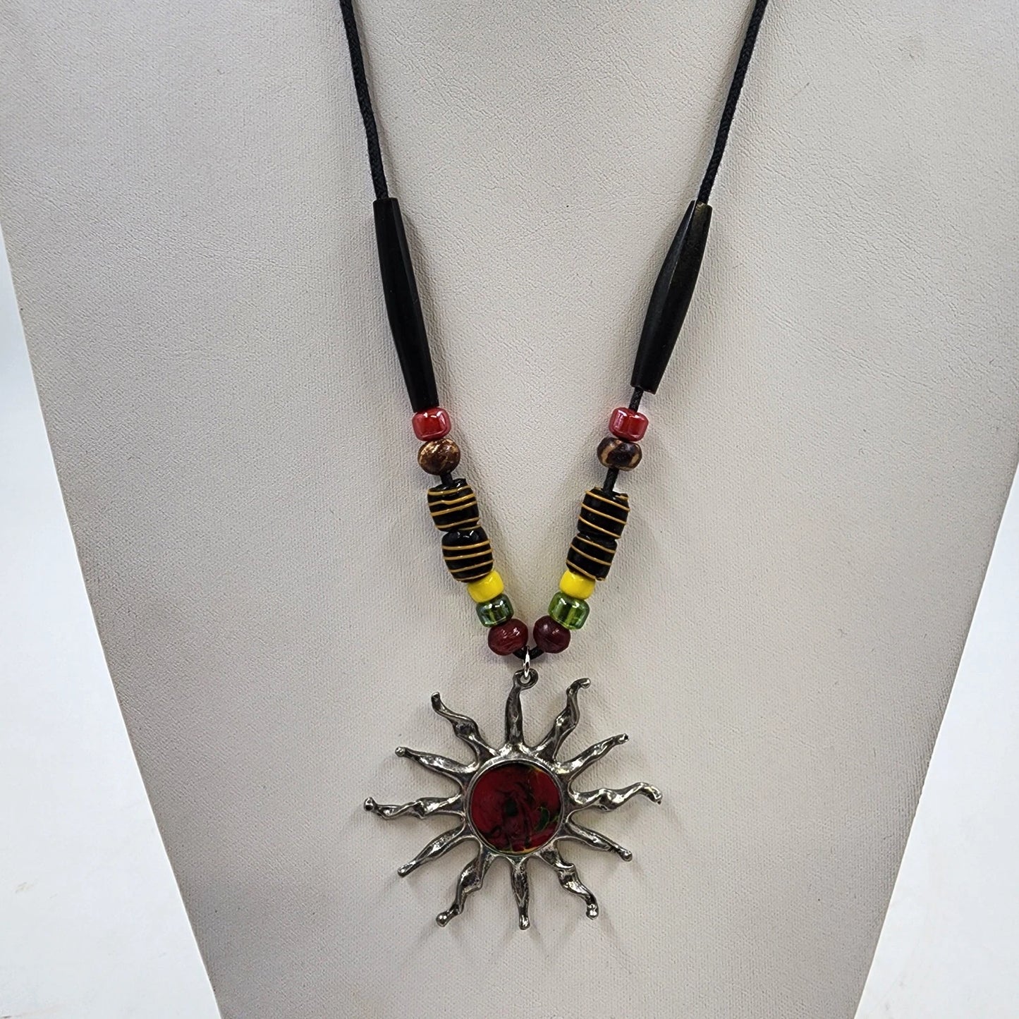 Lot of 3 Beaded & Cord Necklaces Jewelry Multicolor Sun Pendant Brown Tones Boho