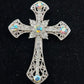 Silvertone Iridescent Rhinestone Filigree Cross Brooch Pendant Religious Jewelry