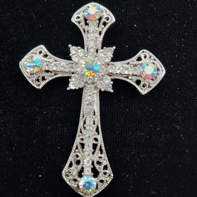 Silvertone Iridescent Rhinestone Filigree Cross Brooch Pendant Religious Jewelry