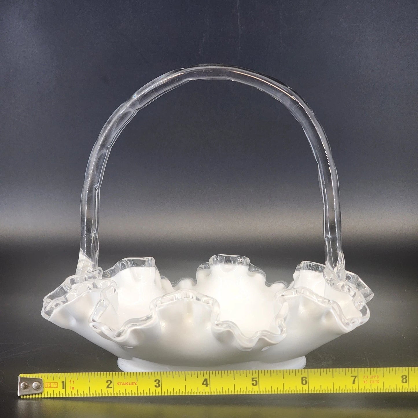 Fenton Silver Crest Milk Glass Basket Ruffled Edge Handle 8" Candy Dish