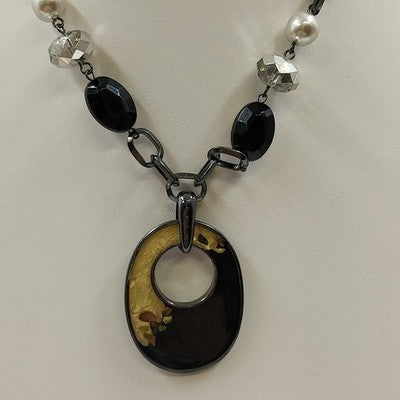 Black Chain with White Faux Pearl & Black Beads with Large Open Pendant Marbled