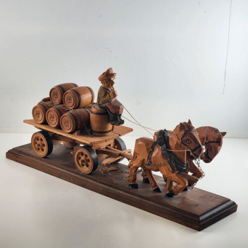 Hand Carved Wood 2 Horse Drawn Wagon Carrying Hofbräuhaus Kegs Germany 18" Vtg