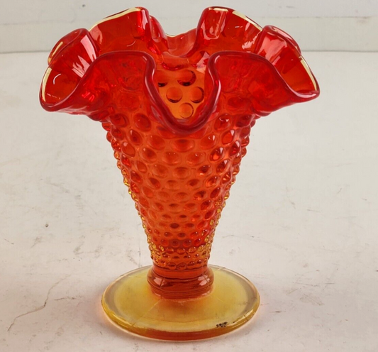 Fenton Amberina Hobnail Ruffled Vase Top Trumpet Style Red Vintage 1960s 4" Tall