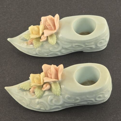 Ceramic Shoe Flowers Candle Stick Holder Pair Spring Roses Pink Japan 1950s VTG