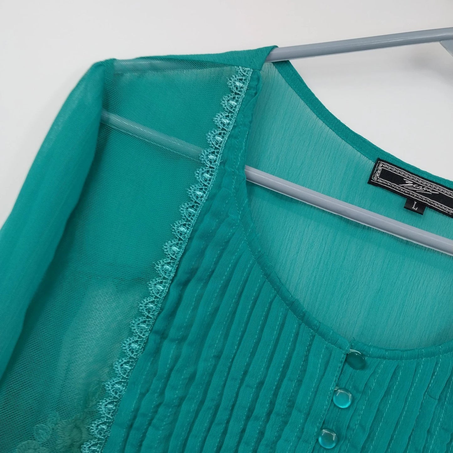 Zacin Women's Green Lace Mesh Tunic Blouse Long Sleeve Lined Top Size Large