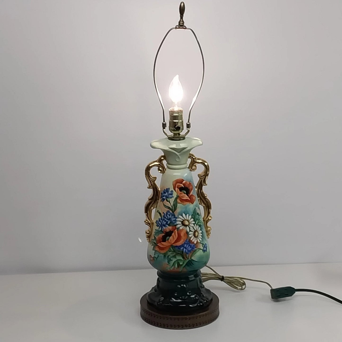 Hand Painted Urn Table Lamp Floral Pansy Gold Trim 30 Inch Vintage