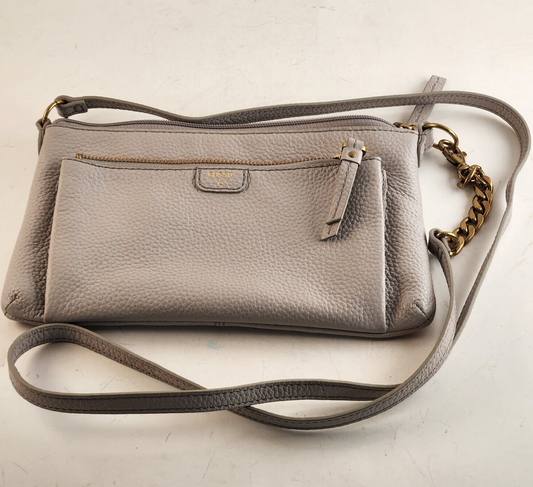 Fossil 1954 Pebble Leather Crossbody Purse Tumbled Gray Gold Accents Bag