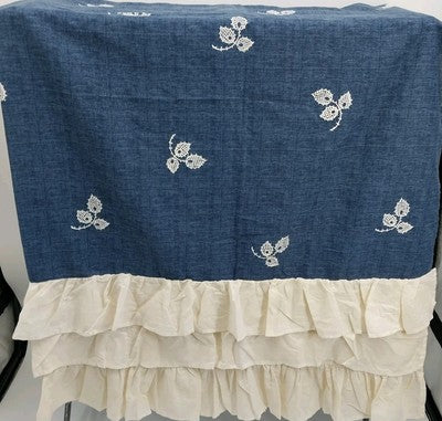 Navy Blue Shower Curtain with Cream Ruffled Tiers White Leaves 72" x 68"